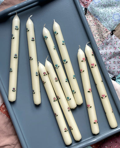 Hand-Painted Candles: Hearts and Flowers on Ivory Tapers