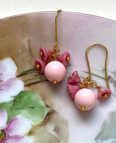 Handmade Earrings: Pink Lucite Globes with Dark Pink Bellflowers