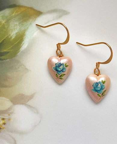 Handmade Earrings: Vintage Enameled Rose Hearts