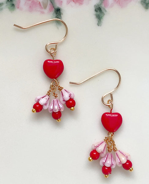 Handmade Earrings: Red Hearts with Pink-Striped Bellflowers