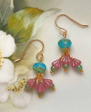 Handmade Earrings: Turquoise Rondelles with Dark Pink Gold-Detailed Bellflowers
