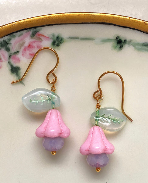 Handmade Earrings: Big Pink Bellflowers with Leaves