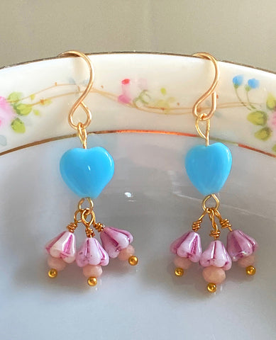 Handmade Earrings: Blue Hearts with Pink-Striped Bellflowers