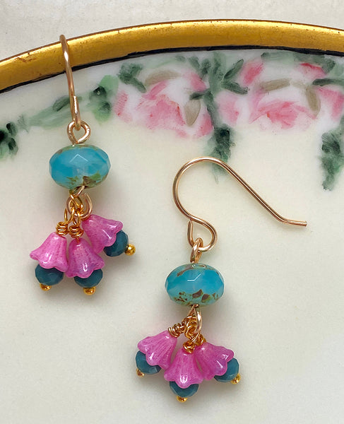 Handmade Earrings: Bright Turquoise Rondelles with Dark Pink Bellflowers