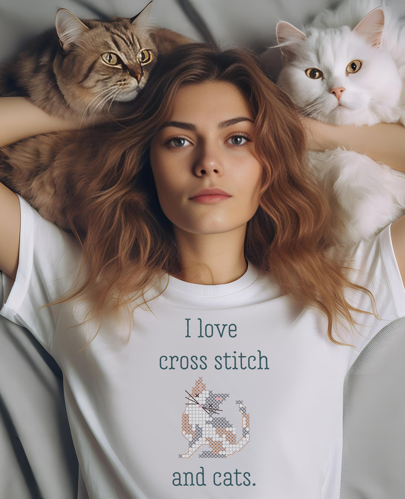 I Love Cross Stitch and Cats Tee Shirt Posie Patterns and Kits to Stitch by Alicia Paulson