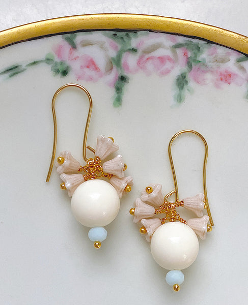 Handmade Earrings: Cream Lucite Globes with Cream Bellflowers