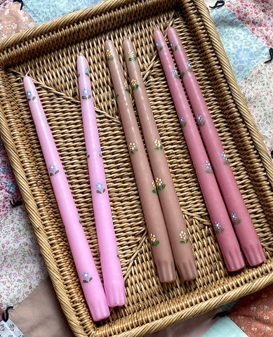 Hand-Painted Candles: Flowers on Pink Tapers