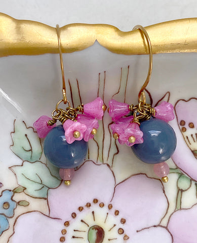 Handmade Earrings: Gray Lucite Globes with Dark Pink Bellflowers