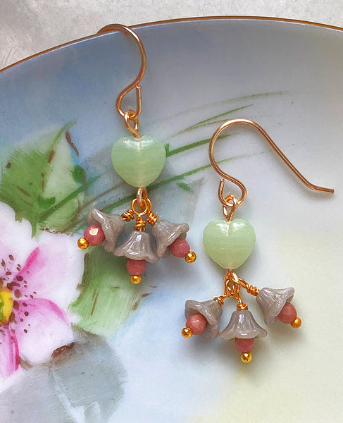 Handmade Earrings: Green Hearts with Gray Bellflowers