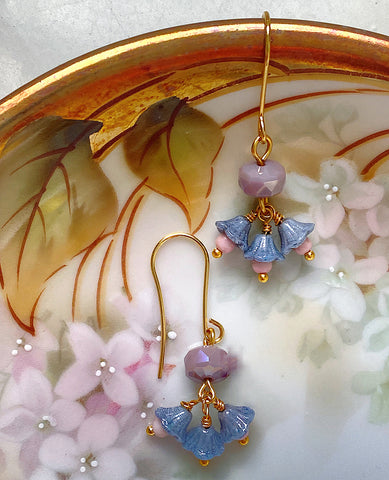 Handmade Earrings: Lavender Rondelles with Blue Bellflowers