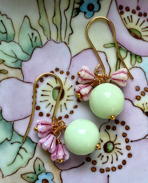 Handmade Earrings: Mint Lucite Globes with Pink-Striped Bellflowers