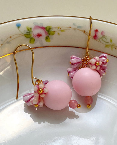 Handmade Earrings: Pink Lucite Globes with Pink-Striped Bellflowers