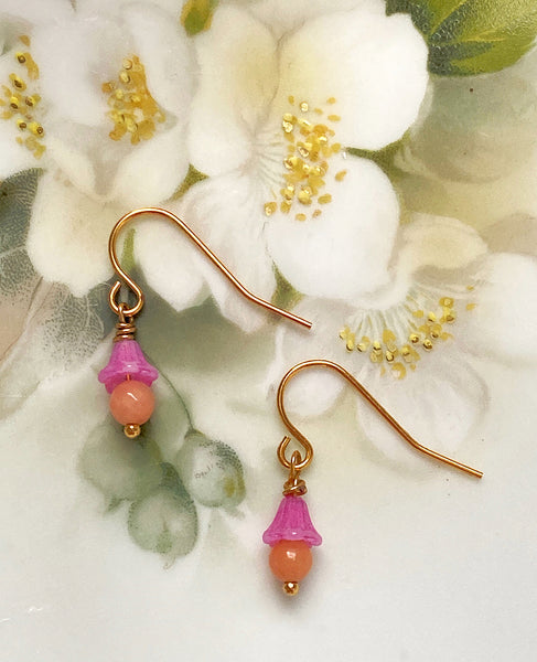 Handmade Earrings: Pink Bellflowers with Orange Beads