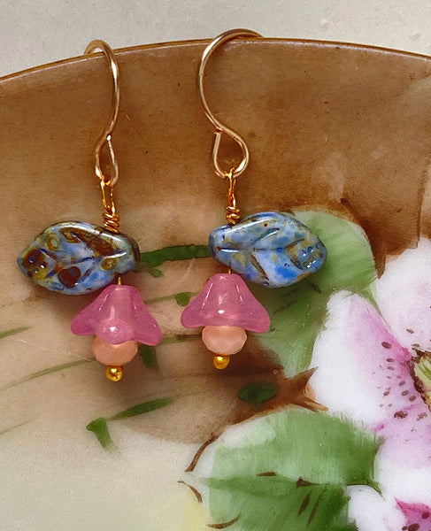 Handmade Earrings: Pink Bellflowers with Dark Green Leaves
