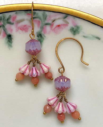 Handmade Earrings: Pink Cathedral Beads with Pink-Striped Bellflowers