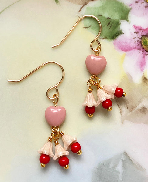 Handmade Earrings: Pinkn Hearts with Cream Bellflowers