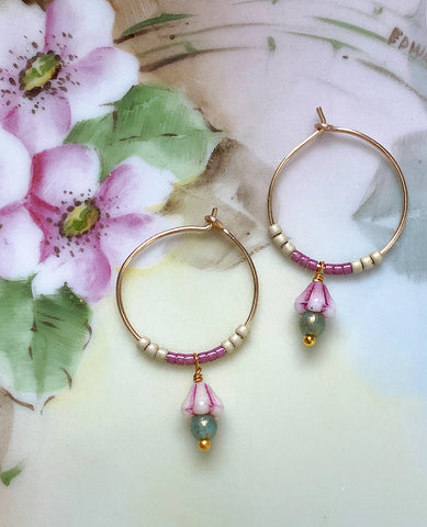 Handmade Earrings: Brass Hoops with Pink-Striped Bellflowers
