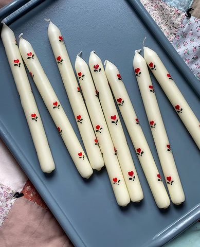 Hand-Painted Candles: Red Hearts on Ivory Tapers