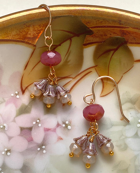 Handmade Earrings: Ruby Pink Rondelles with Luster Gray Bellflowers
