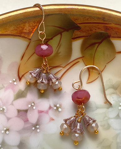 Handmade Earrings: Ruby Pink Rondelles with Luster Gray Bellflowers