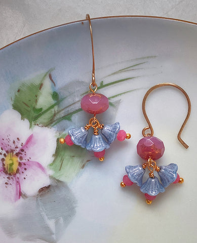 Handmade Earrings: Ruby Pink Rondelles with Blue Bellflowers